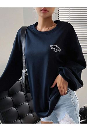 Energetic Sweatshirt - Lacivert Baskılı Oversize Kalın Kışlık Bisiklet Yaka