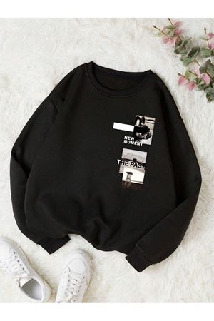 The Past Sweatshirt - Siyah Baskılı Oversize Bisiklet Yaka