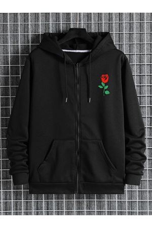 Gül Hırka - Siyah Baskılı Oversize Kapüşonlu