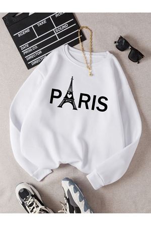 Paris Eyfel Sweatshirt - Beyaz Baskılı Oversize Bisiklet Yaka