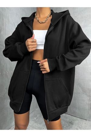 Basic Düz Hırka - Siyah Oversize Kapüşonlu