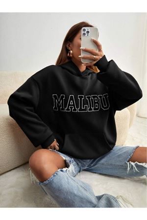 Malibu Sweatshirt - Siyah Baskılı Oversize Kapüşonlu