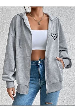 Kalp Hırka - Gri Baskılı Oversize Kapüşonlu