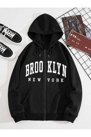 Brooklyn New York Hırka - Siyah Baskılı Oversize Kapüşonlu