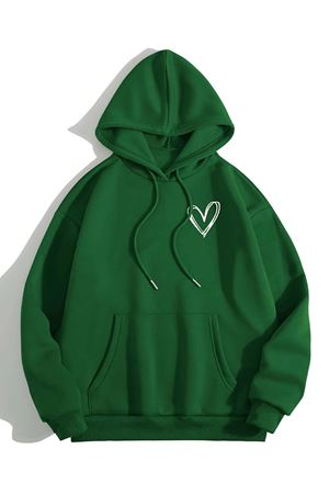 Unisex Siyah Yeşil Kalp Baskılı Oversize Kapşonlu Sweatshirt