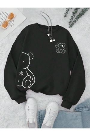 Ok Bear Sweatshirt - Siyah Baskılı Oversize Kalın Kışlık Bisiklet Yaka