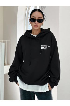 Siyah Effect Baskılı Oversize Kapüşonlu Sweatshirt