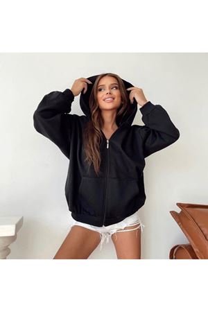 Düz Basic Hırka - Siyah Fermuarlı Oversize Kapüşonlu