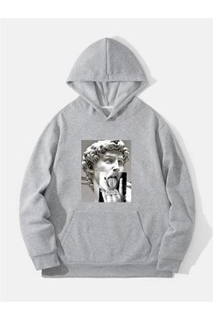 Heykel El Sweatshirt - Gri Baskılı Oversize Kapüşonlu