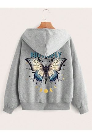 Butterfly Yazı Desen Hırka - Gri Baskılı Oversize Kapüşonlu