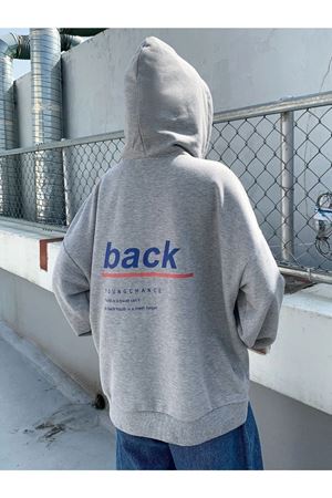 Back Youngchance T-Sweatshirt - Gri Baskılı Oversize Kapüşonlu