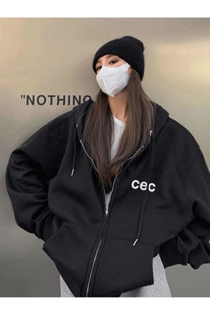 Cec Hırka - Siyah Baskılı Oversize Kapüşonlu