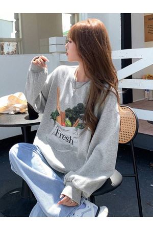 Vegan Fresh Sweatshirt - Gri Baskılı Oversize Kalın Kışlık Bisiklet Yaka