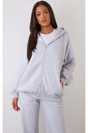 Basic Düz Hırka - Gri Fermuarlı Oversize Kapüşonlu