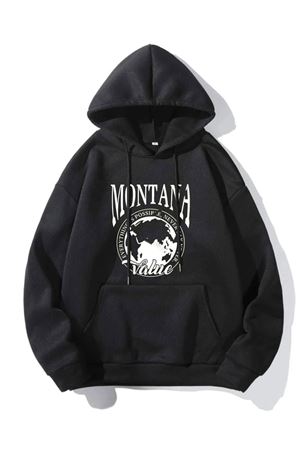 Montana Value Sweatshirt - Siyah Baskılı Oversize Kapüşonlu