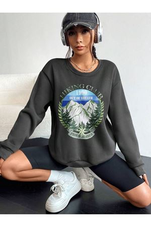 Hiking Club 1990 Sweatshirt - Füme Baskılı Oversize Bisiklet Yaka