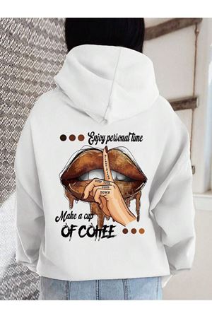 Of Coffee Lips Sweatshirt - Beyaz Baskılı Oversize Kalın Kışlık Kapüşonlu