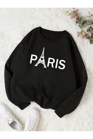 Paris Eyfel Sweatshirt - Siyah Baskılı Oversize Bisiklet Yaka