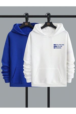 2'Li Still Freedom Kalın Kışlık Sweatshirt - Beyaz Sax Mavi Baskılı Oversize Kapüşonlu