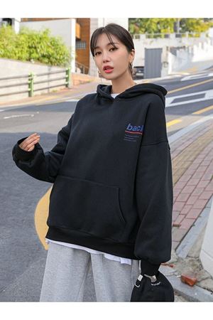 Back Sweatshirt - Siyah Baskılı Oversize Kapüşonlu
