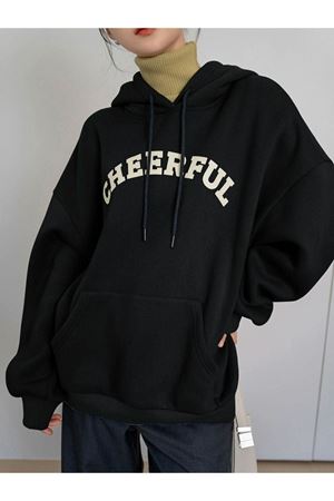 Cheerful Sweatshirt - Siyah Baskılı Oversize Kapüşonlu