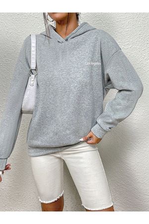 Los Angeles Minimal Sweatshirt - Gri Baskılı Oversize Kapüşonlu