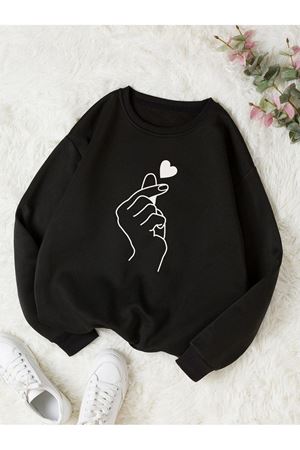 El Kalp Sweatshirt - Siyah Baskılı Oversize Bisiklet Yaka
