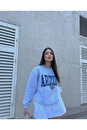 Arizona Yazılı Sweatshirt - Gri Baskılı Oversize Bisiklet Yaka