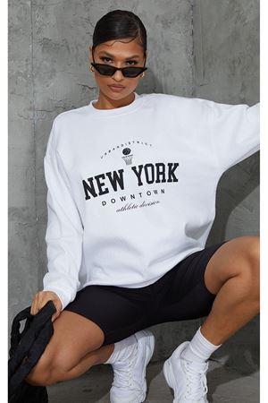 New York Downtown Sweatshirt - Beyaz Baskılı Oversize Bisiklet Yaka