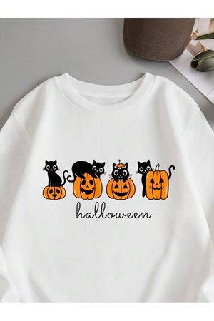 Halloween Kediler Sweatshirt - Beyaz Baskılı Oversize Bisiklet Yaka