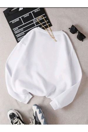 Çiçek Desen Sweatshirt - Beyaz Baskılı Oversize Kalın Kışlık Bisiklet Yaka