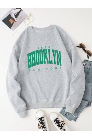 1898 Brooklyn Sweatshirt - Gri Baskılı Oversize Kalın Kışlık Bisiklet Yaka