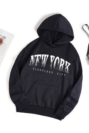 New York Sleepless Sweatshirt - Siyah Baskılı Oversize Kapüşonlu