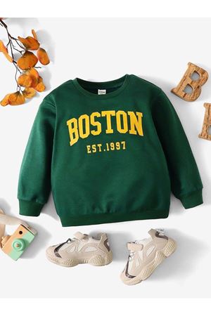 Boston 1997 Pamuklu Çocuk Sweatshirt - Nefti Yeşil Baskılı Kız Erkek Çocuk Kışlık Bisiklet Yaka