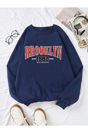 Brooklyn 1982 Sweatshirt - Lacivert Baskılı Oversize Bisiklet Yaka
