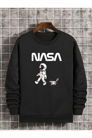 Nasa Uzay Sweatshirt - Siyah Baskılı Oversize Bisiklet Yaka