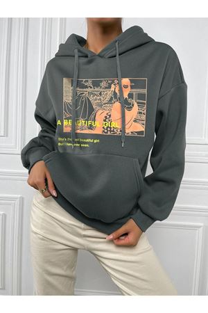 Kadın Füme Slogan Tasarım Baskılı Kapüşonlu Oversize Sweatshirt