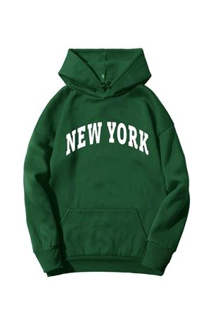 New York Sweatshirt - Yeşil Baskılı Oversize Kapüşonlu