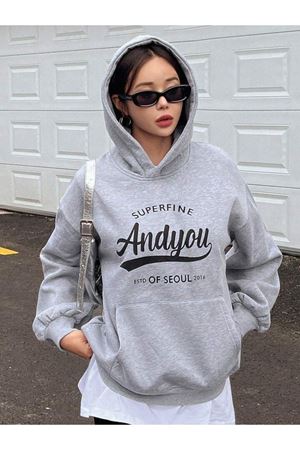 Superfine Andyou Sweatshirt - Gri Oversize Şardonlu Pamuk Kalın Kapüşonlu