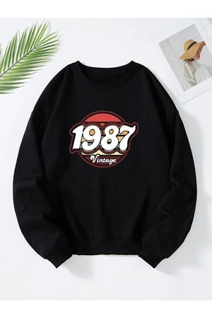 Kadın Siyah 1987 Baskılı Oversize Sweatshirt