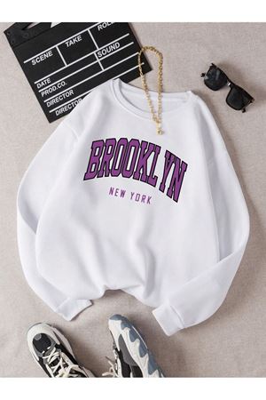 Brooklyn New York Sweatshirt - Beyaz Baskılı Oversize Bisiklet Yaka
