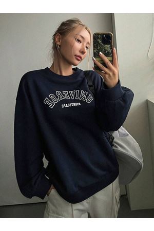 Universe Sweatshirt - Lacivert Baskılı Oversize Kalın Kışlık Bisiklet Yaka