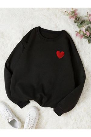 Kırmızı Minimal Kalp Sweatshirt - Siyah Baskılı Oversize Kalın Kışlık Bisiklet Yaka