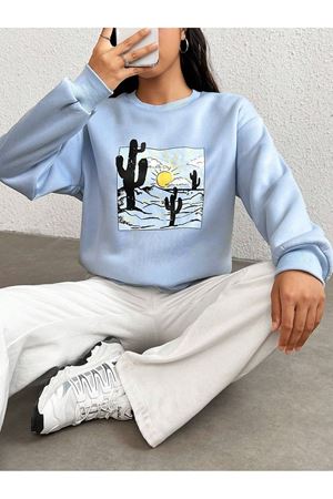 Arizona Kaktüs Sweatshirt - Bebe Mavisi Baskılı Oversize Bisiklet Yaka