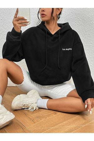 Unisex Siyah Los Angeles Baskı Oversize Kapşonlu Sweatshirt