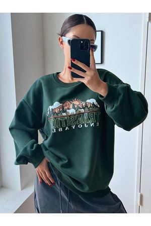 Transition Sweatshirt - Yeşil Baskılı Oversize Kalın Kışlık Bisiklet Yaka