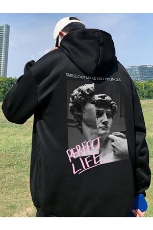 Perfect Life Sweatshirt - Siyah Baskılı Oversize Kapüşonlu