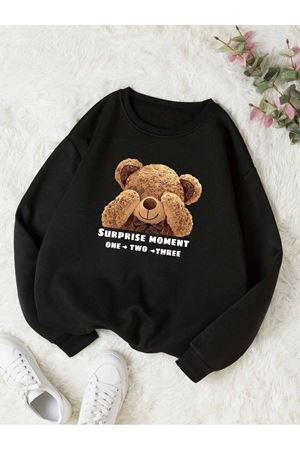 Surprise Bear Sweatshirt - Siyah Baskılı Oversize Kalın Kışlık Bisiklet Yaka