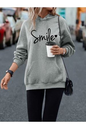 Smile Sweatshirt - Gri Baskılı Oversize Kapüşonlu