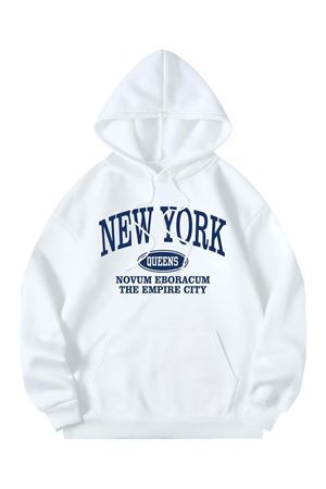 New York Queens Sweatshirt - Beyaz Baskılı Oversize Kapüşonlu